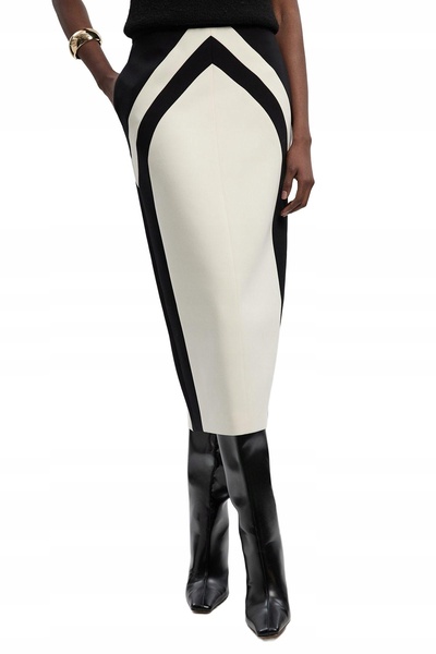 NO BRAND Fustă midi negru crem, cu imprimeu, cu talie înaltă, Karenmillen 34