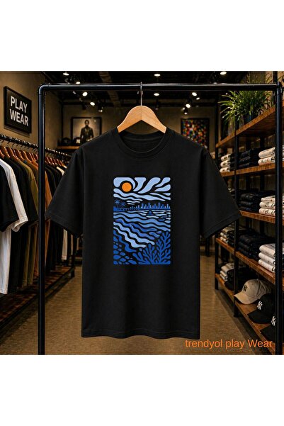playwear Segmented Landscape Printed 100% Cotton Oversize Loose Regular Fit C...