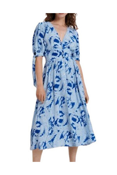 NO BRAND Rochie albastră midi cu imprimeu, cu mânecă scurtă, din viscoză, Res...