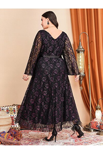 NO BRAND Rochie maxi neagră cu model, cu cordon, mâneci largi, dantelă, Shein 44