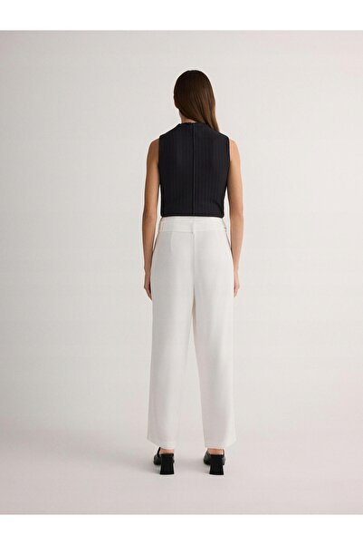 NO BRAND Pantaloni clasici lungi ecru cu buzunare, culoare uni simplă, cu cor...
