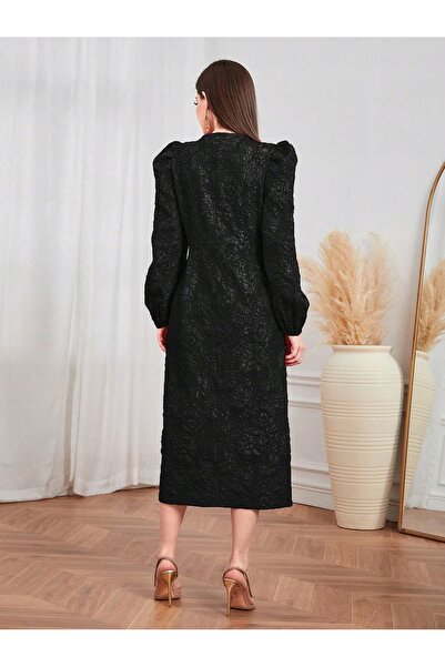 NO BRAND Shein 36 Rochie de cocktail neagră jacquard, midi, cu mânecă lungă