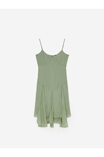 NO BRAND Rochie midi verde cu bretele, volane, croială trapezoidală, închider...