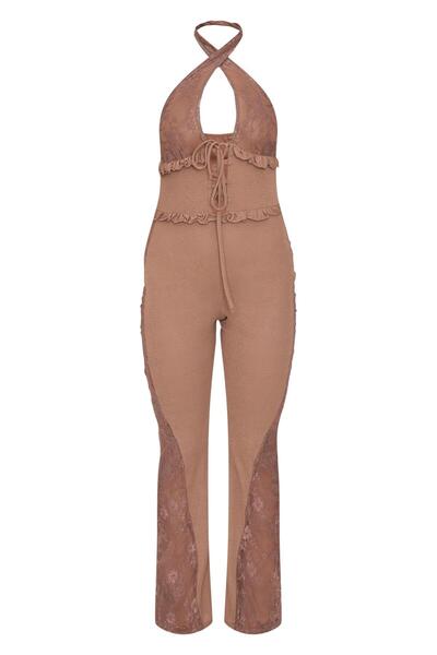 NO BRAND Prettylittlething Salopetă maro din dantelă cu decolteu asimetric 40