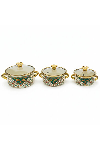 AKDC Cream 3-Piece Enamel Casserole Set with Floral Design - 12 cm / 14 cm / ...
