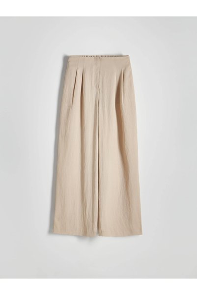 NO BRAND Pantaloni lungi bej, cu picior larg, netezi, cu buzunare, mărimea L.