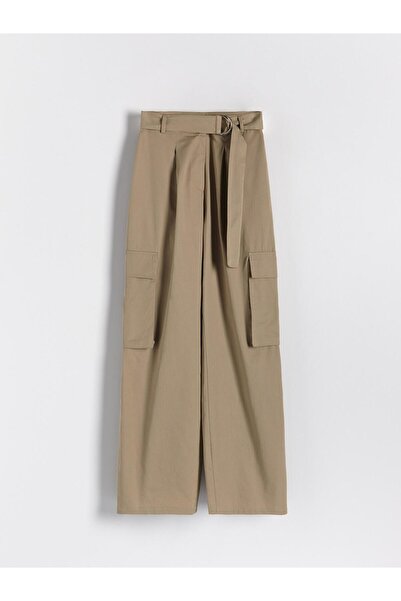 NO BRAND Pantaloni de bumbac bej, largi, lungi, lejeri, cu curea și buzunare,...