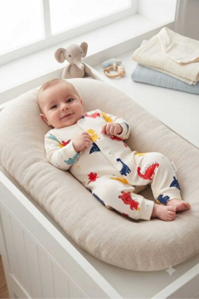 Eflin Çocuk Giyim Erkek Bebek Dİnozor Desenli Çıtçıtlı Ayaksız Tulum