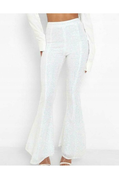 NO BRAND Boohoo 42 Pantaloni evazați cu talie înaltă, albi, cu paiete, Glamour