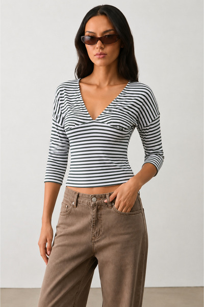 Madmext Khaki Striped V-Neck Slim Fit Women's Blouse Mg2887