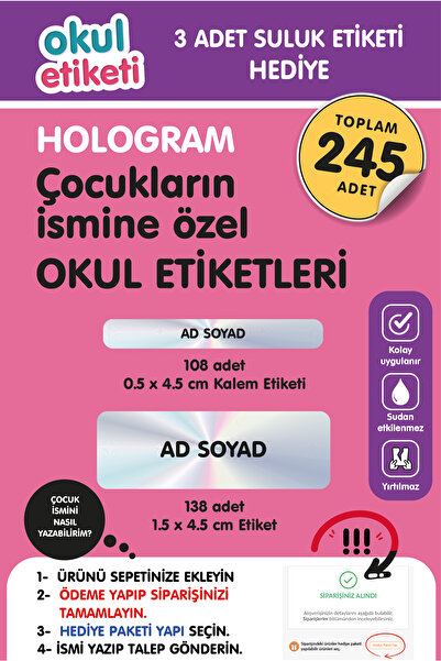 OKUL ETİKETİ BASKI OKUL ETİKETİ HOLOGRAM TEMALI MİDİ PAKET İSME ÖZEL OKUL ETİ...