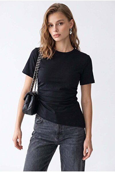 Mixray 2201 Women's Draped Asymmetrical Cut Short Sleeve Blouse Black