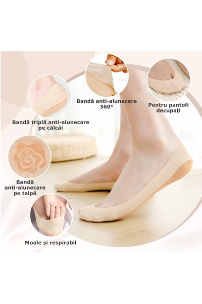 Simply Joy Set de 8 perechi de șosete scurte de damă, subțiri, invizibile, antiderapante, mărime universală 35-40 EU, pentru mocasini, balerini, pantofi decupați, culoare uni, bej