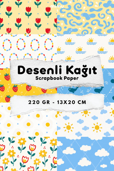 Mimu Art Studio Balina Bulut Güneş Çilek Lale Desenli Kağıt Seti Scrapbook Ka...