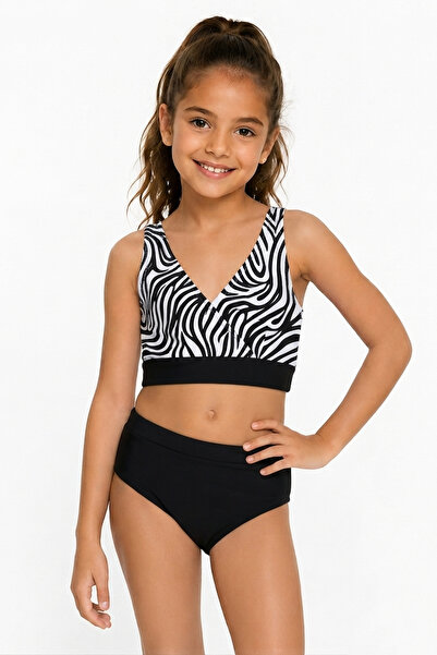 caddekids Zebra Desenli Kız Çocuk Bikini Takımı Kruvaze Bralet Üst Siyah Alt ...