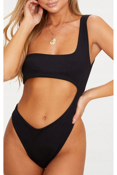 NO BRAND Costum de baie negru, neted, cu un singur umăr și decupaje, PRETTYLI...