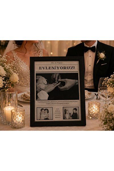 Monamilie Kişiye Özel Düğün Gazetesi Çerçevesi-Fotoğraflı Anı Çerçevesi A4 Boyut