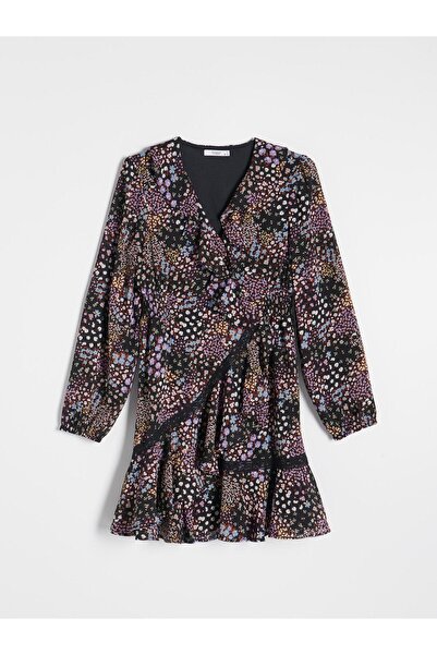 NO BRAND Rochie mini din șifon negru cu model, impecabilă, cu mânecă lungă, R...