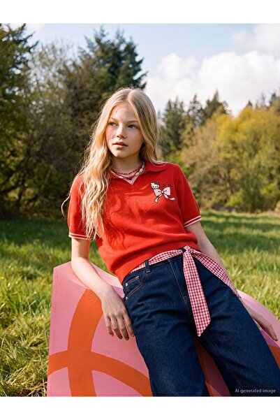 LC Waikiki Pulover tricotat pentru fete, roșu, cu broderie Hello Kitty, LCW Kids