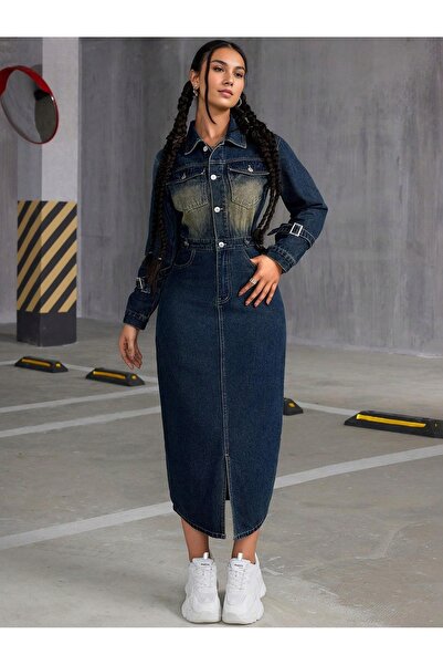 NO BRAND Shein 34 Rochie din denim dreaptă cu mânecă lungă și guler cu nasturi