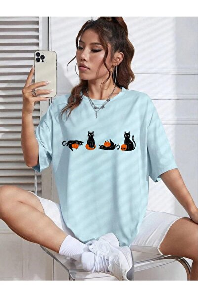 H&GHAMLEGİYİM Μπλουζάκι Unisex με στάμπα με γάτες και κολοκύθες