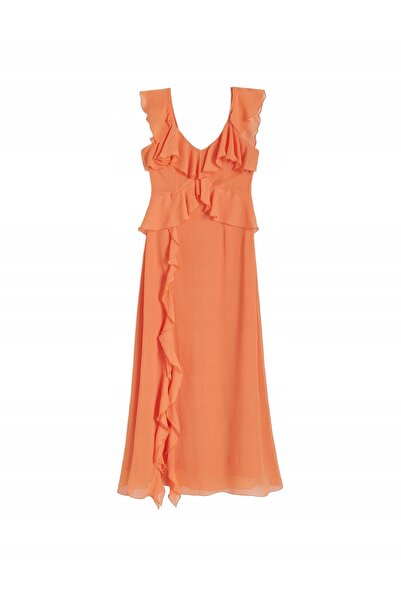 NO BRAND Rochie maxi simplă din șifon, portocalie, cu volane, stil cocktail.
