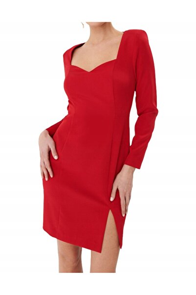 NO BRAND Rochie mini tip creion roșie, cu mânecă lungă, decolteu în formă de ...