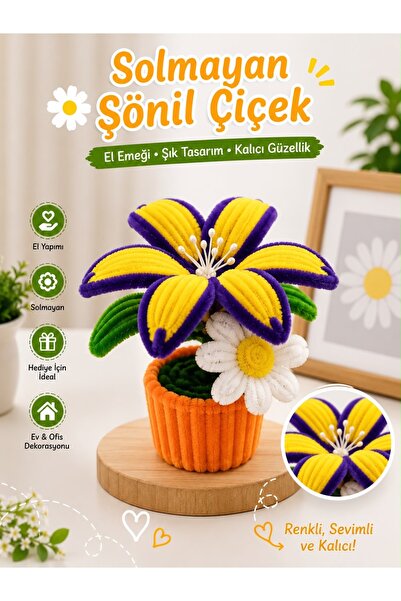 HAYHAYPETSHOP El Yapımı Solmayan Şönil Çiçek Saksısı | Dekoratif Kırmızı Beya...