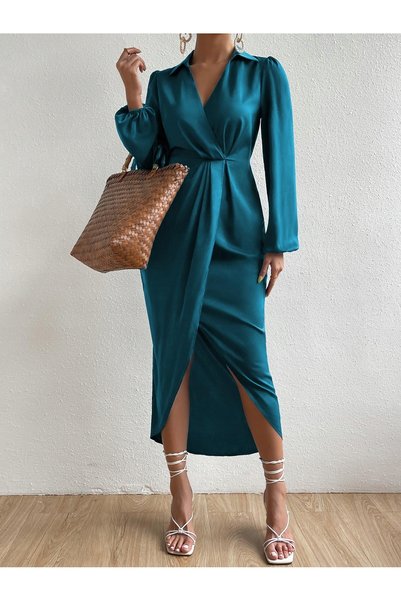 NO BRAND Rochie turcoaz Midaxi cu mânecă lungă, decolteu petrecut, uni, Shein 38