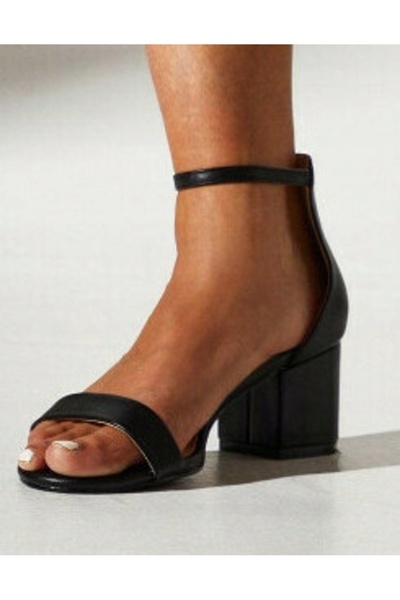 NO BRAND Sandale negre din piele ecologică, cu toc bloc, tip slip-on, peste g...