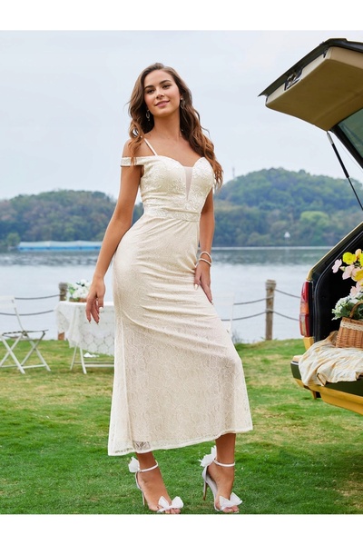 NO BRAND Rochie de petrecere clasică, cu dantelă, crem, simplă, maxi, Shein XL