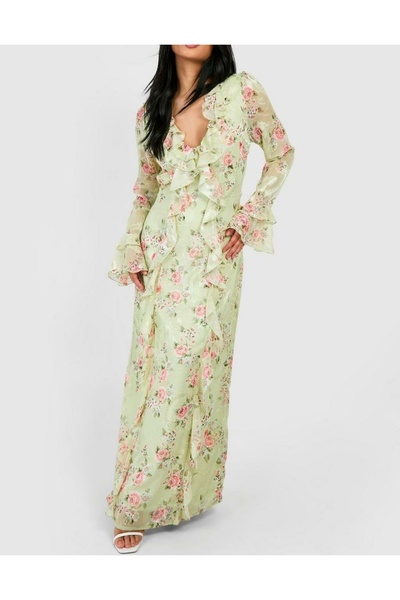 NO BRAND Rochie Boohoo maxi, simplă, cu volane, cu flori din șifon verde și d...