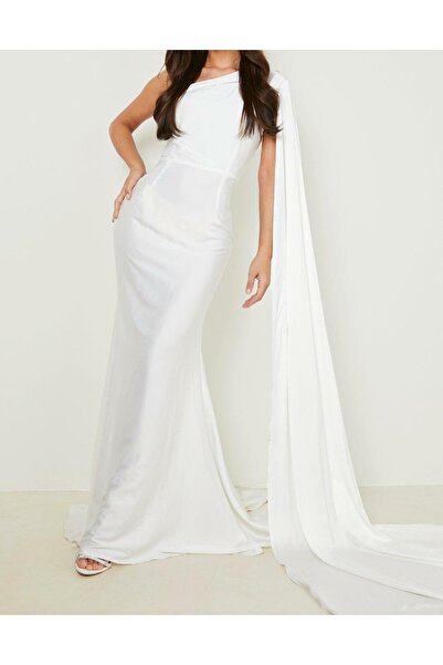 NO BRAND Boohoo 40 Rochie Maxi Albă Asimetrică cu Trenă Evazată