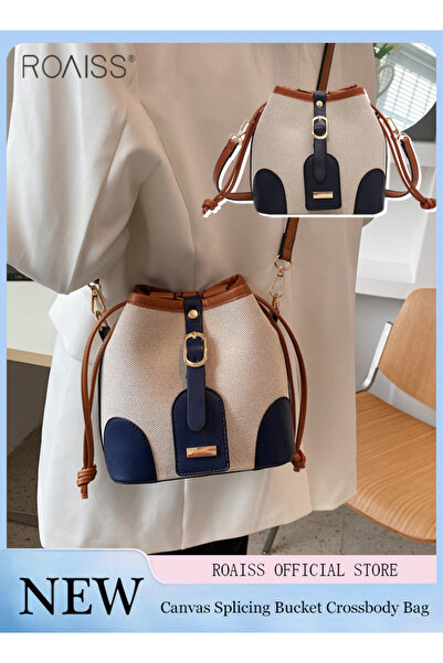 ROAISS Women's Canvas Pu Leather Patchwork Bucket Crossbody Bag Large Capacit...