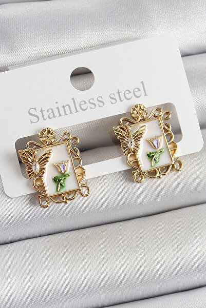 Mega Bazaar Brass White Enamel Artistic Portrait Model Gold Color Women's Ear...