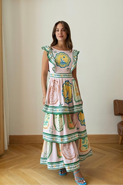 BRTC design Rochie premium de damă, pudră, cu volane și spate decoltat