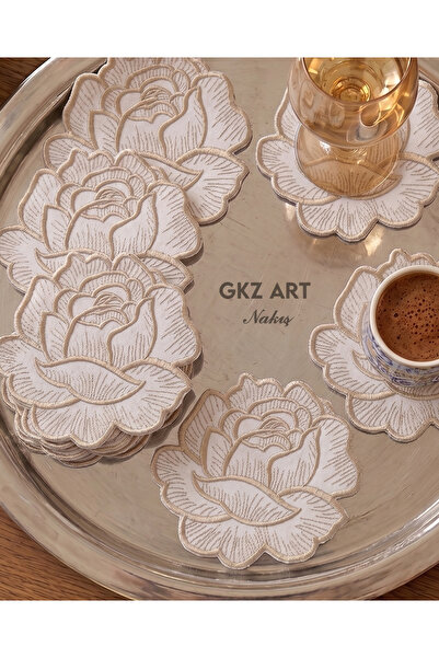 gkzglass home dekor 6 Adet Keten Kumaş Üzeri Nakışlı Kahve Yanı Kokteyl Peçet...