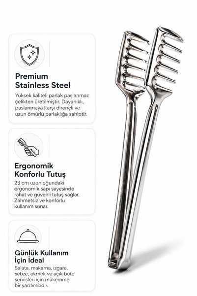 KLARHAUS Torino Stainless Steel Serving Tongs 23 cm – Ergonomic Steel Tongs for Salad, Pasta, Grilling, Bread, and Open Buffet
