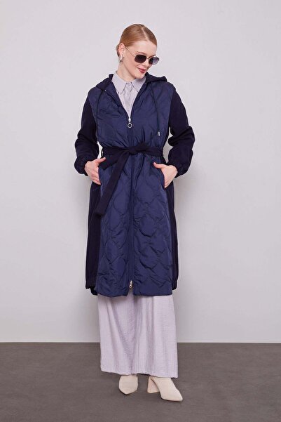 Levidor Navy Blue Quilted Coat with Embroidered Detail