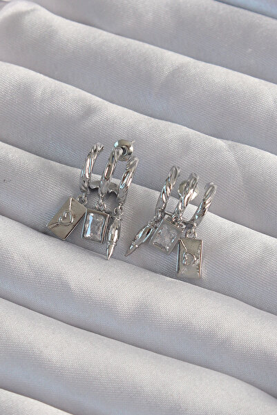 Mega Bazaar Brass Silver Color Zircon Stone Half Hoop Rib Earrings with Multi...