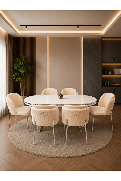 Concept Ayz Home Lara Krom Serisi 6 Kişilik 90×168 Oval Beyaz Lake Panel Yeme...