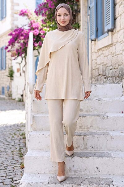 hafsamina Double Suit with Cape Beige Hm2936