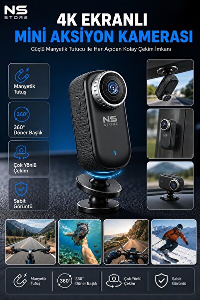 NS Store 4K Ultra HD Mini Aksiyon Kamerası 360° Dönebilen Lensli Taşınabilir Suya Dayanıklı Vlog ve Outdoor Ç