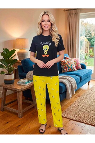 Kadın Tweety Baskılı Kısa Kollu Pijama Takımı
