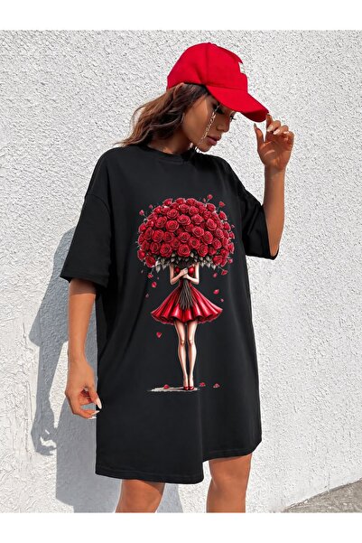 classy moda تي شيرت نسائي طويل جدًا مطبوع عليه شكل امرأة مع باقة ورد