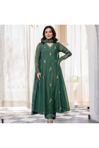 MYSMAR Green Cotton Salwaar Kameez Dupatta - ALV2000 | Green-Size-M-38Inches