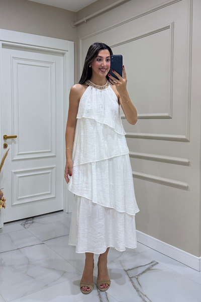 Gizem Süvari BONCUK İŞLEMELİ FIRFIRLI ELBİSE