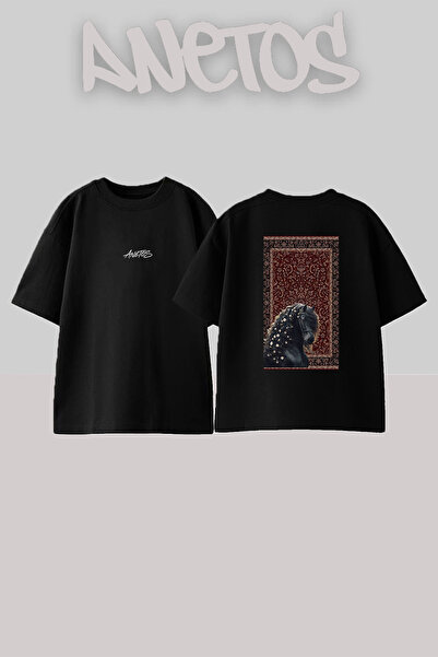 Anetos Friesian Daisies Design Back Printed Cotton Black Oversize T-Shirt