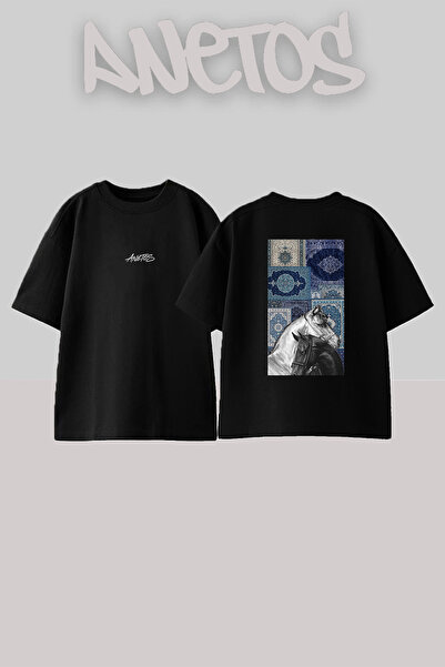 Anetos Horses Persian Rugs_1 Design Back Printed Cotton Black Oversize T-Shirt
