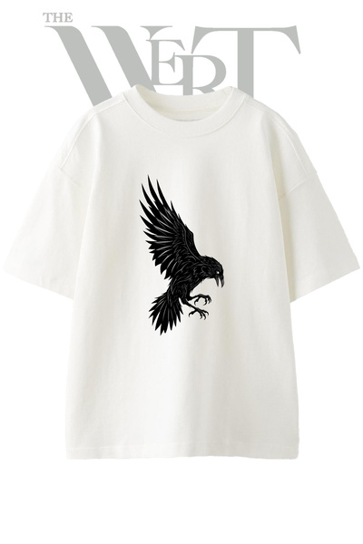 THEWERT Raven Design Printed Unisex White Oversize T-Shirt